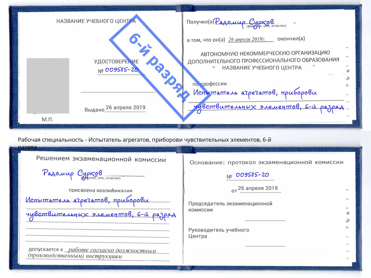корочка 6-й разряд Испытатель агрегатов, приборови чувствительных элементов Ангарск