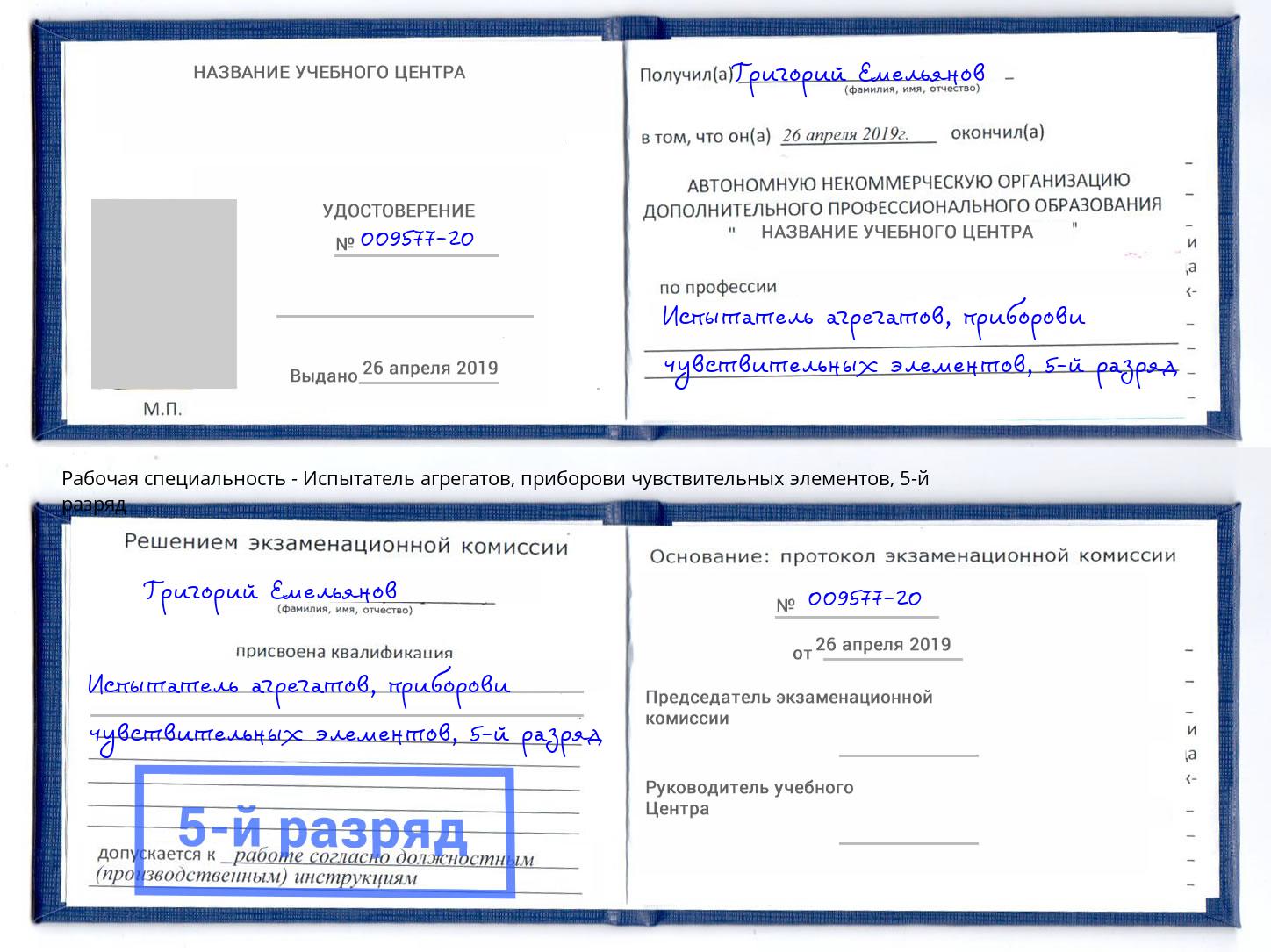 корочка 5-й разряд Испытатель агрегатов, приборови чувствительных элементов Ангарск