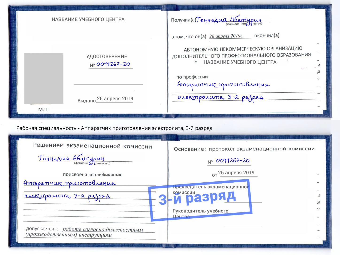 корочка 3-й разряд Аппаратчик приготовления электролита Ангарск