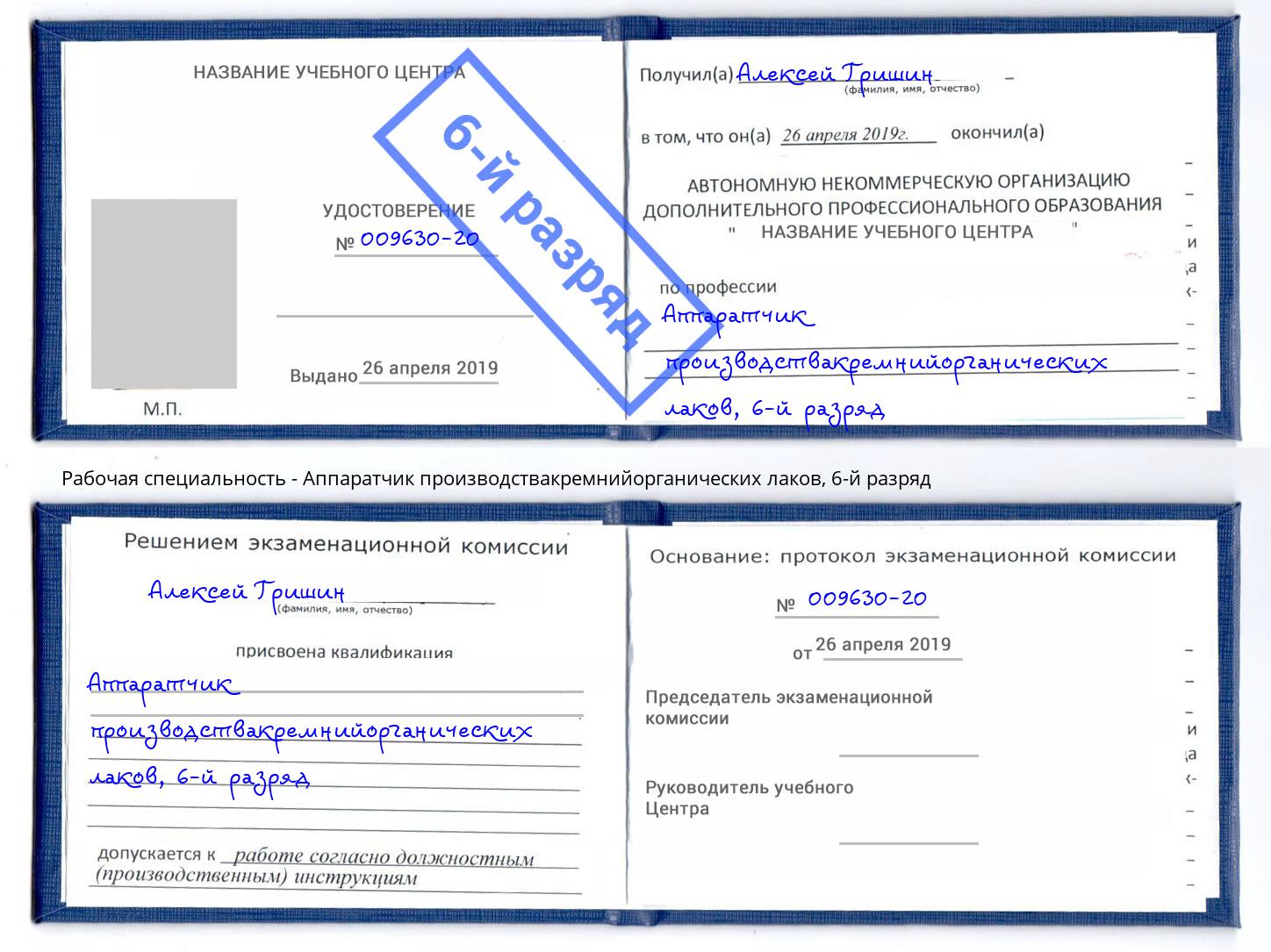 корочка 6-й разряд Аппаратчик производствакремнийорганических лаков Ангарск