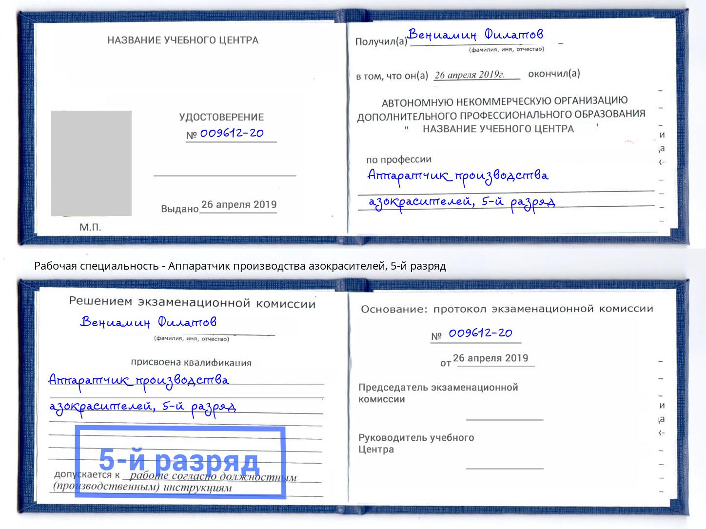 корочка 5-й разряд Аппаратчик производства азокрасителей Ангарск
