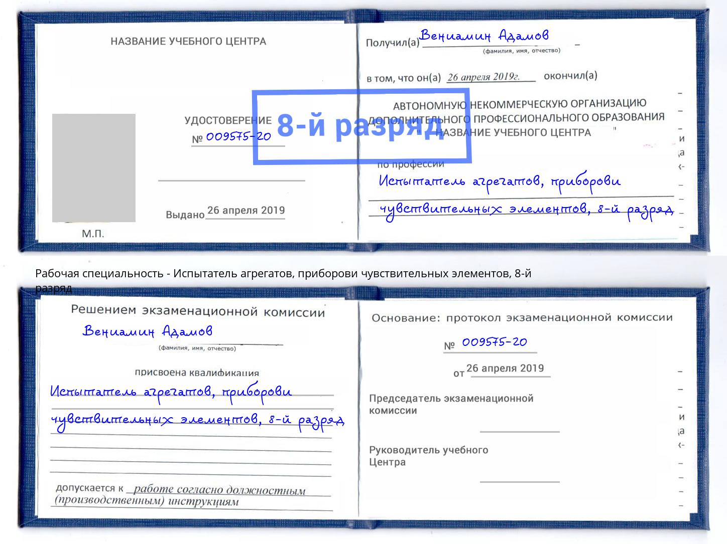 корочка 8-й разряд Испытатель агрегатов, приборови чувствительных элементов Ангарск